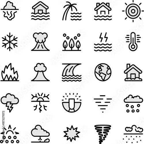 Minimal line weather icons showing sun rain wind snow storms temperature climate conditions symbols for forecasting apps and infographics
