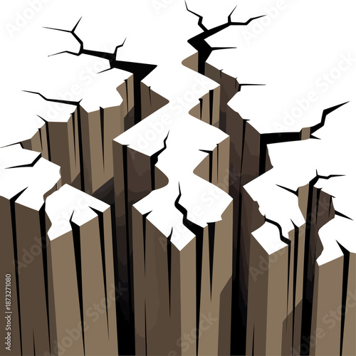 Abstract 3D illustration of deep cracked ground forming a dramatic chasm, symbolizing earthquake damage, environmental crisis, instability, and geological rupture viewed from an elevated perspective.