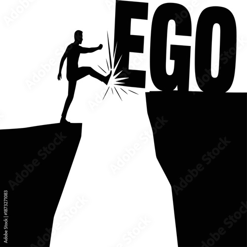 Silhouette of a man kicking the word ego off a cliff, symbolizing humility, self control, and overcoming pride, growth.