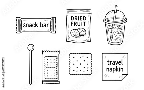 Hand-drawn collection of travel food and drink items on a white background