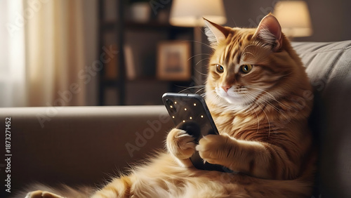 An adorable orange tabby cat sits comfortably on a sofa, intently looking at a smartphone held in its paws in a cozy living room.