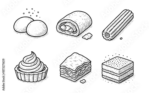 Hand-drawn collection of six different delicious pastries and desserts in a sketch style