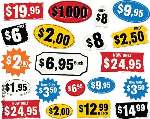 Various price tags and sale labels on white background