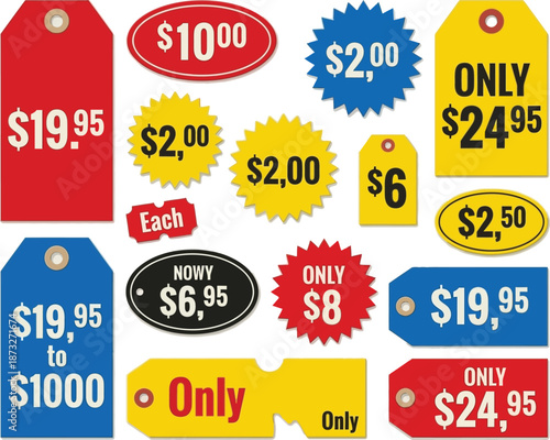 Collection of colorful price tags, sale signs, and discount labels for retail promotion