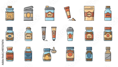A colorful illustration of various spice bottles and containers on a white background