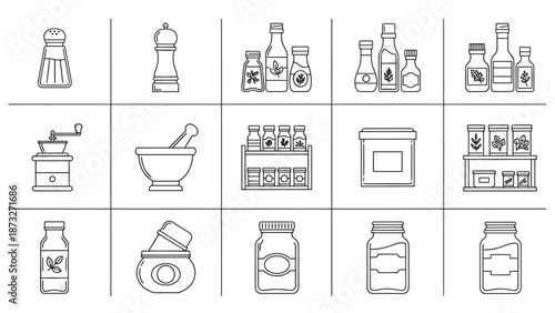 A collection of various kitchen condiment and spice icons in black and white