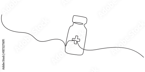 One continuous line drawing of medicine set with syringe and vial, Medical syringe and medicine vial. Pharmaceutical components and vaccine symbol in a simple linear style editable stroke.