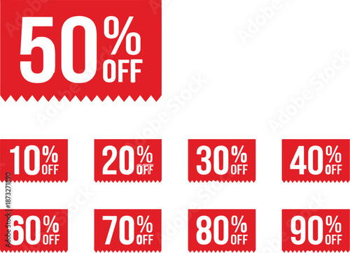 Collection of various red percentage off discount stickers and labels