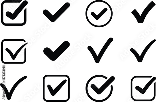 Diverse collection of black check mark icons for confirmation, approval, and task completion