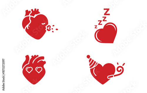 Illustration of collection of cute sleeping heart icons in red color