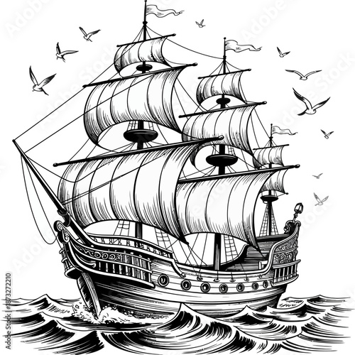 Detailed black and white line illustration of a historic sailing ship with full sails on ocean waves, evoking maritime adventure, exploration, and classic nautical craftsmanship.