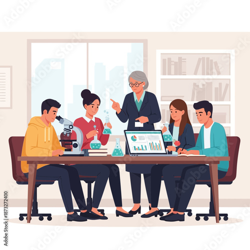 Diverse group collaborates around a table with scientific equipment.