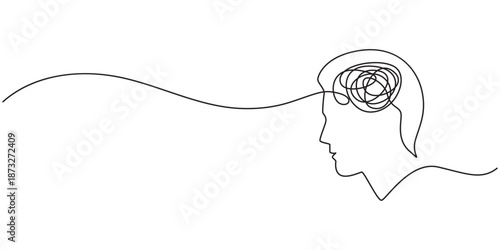 Continuous one-line art anxiety drawing art of stress confusing people because any problem. Vector illustration of man mess feeling with round scribbles instead of a head. Mindfulness psychotherapy