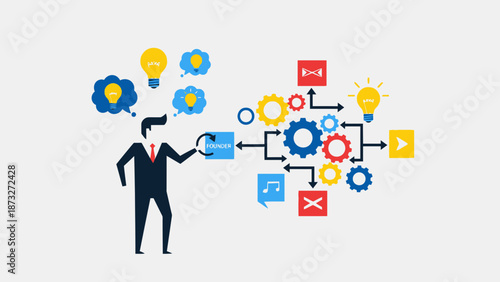 Businessman interacting with a complex system of gears and icons.