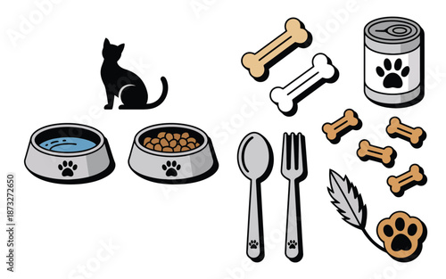 Collection of domestic animal's food and supplies on a white background