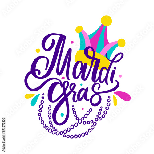 Mardi Gras Carnival Celebration With Beads and Jester Hat in Purple Gold and Green Colors Vector Illustration