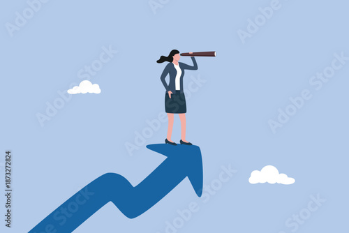 Woman leader with lady power business vision, success businesswoman standing on top of rising arrow with telescope or spyglass to see future vision, woman visionary to see business opportunity concept