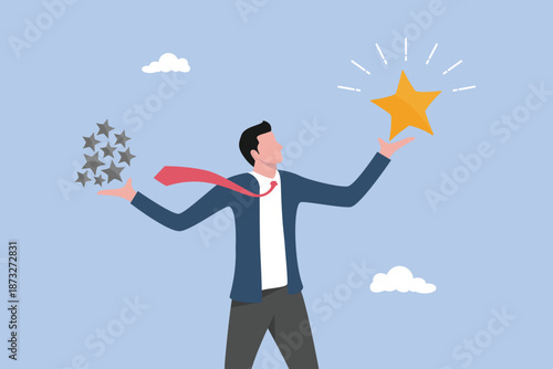 Quality vs quantity, working attitude to deliver superior result concept, smart businessman holding precious high-quality stars versus other ordinary stars, management to ensure excellent work outcome