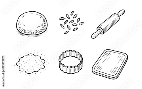 Hand-drawn baking ingredients and tools illustration with dough, flour, and rolling pin