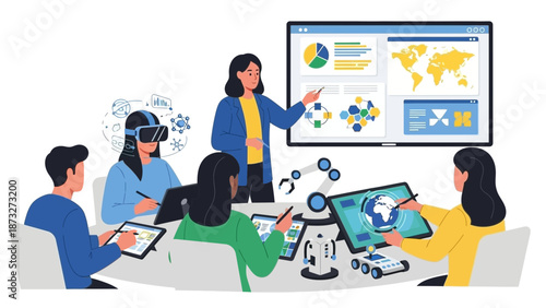 People in a meeting room using technology and discussing data.