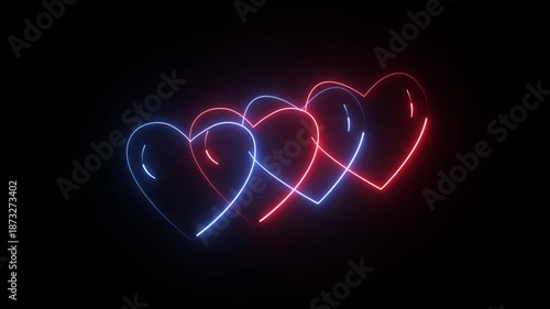 four interlinking hearts with a neon light effect. ften used for themes related to love, romance, Valentine's Day, or as a background/wallpaper. 