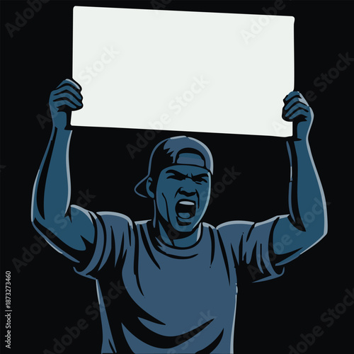 Vector illustration of man holding signs, banner and placards on a protest demostration or picket. People against violence, pollution, descrimination, human rights violation.