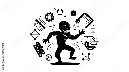 Black silhouette monster character surrounded by technology icons and circuit patterns for cyber security concept art graphic design vector illustration element isolated on white background symbol