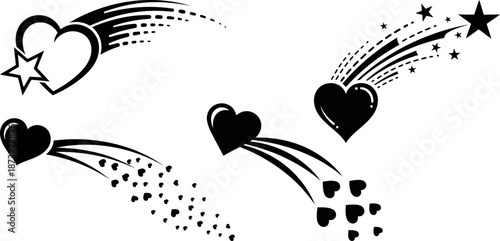 Shooting hearts stars silhouette vector illustration set love design for valentine s day celebration isolated on transparent background