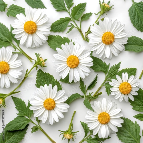 White Flower With Yellow Center and Green Leaves on White Background in Natur...