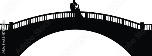 A romantic couple stands together on a bridge in silhouette against a white background