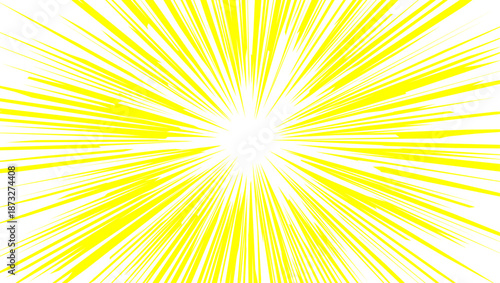 Abstract vector illustration of a bright yellow sunburst design features a summer sunrise sky with orange sunbeams and a golden light explosion for a sunny wallpaper