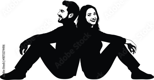 A black silhouette of a man and woman sitting back to back in a relaxed pose