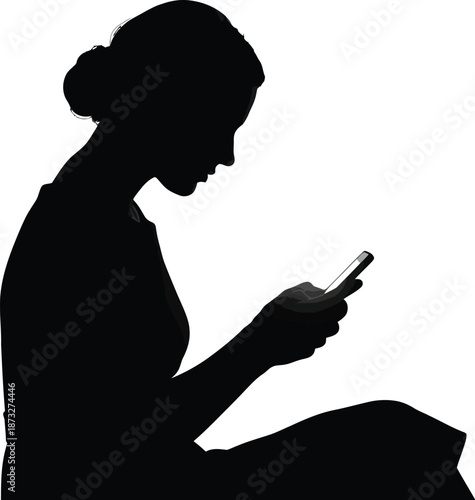 A woman sits in a darkened room, engrossed in her phone as text bubbles float above her.