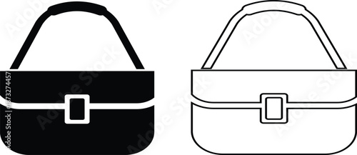 Women handbag icons set collection with purse bag tote clutch shoulder styles in flat and line design, fashion accessory outline illustration group for shopping retail UI branding