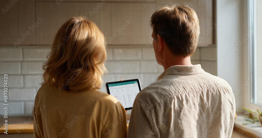 Obraz premium Couple standing in kitchen looking at tablet screen together from behind in natural light
