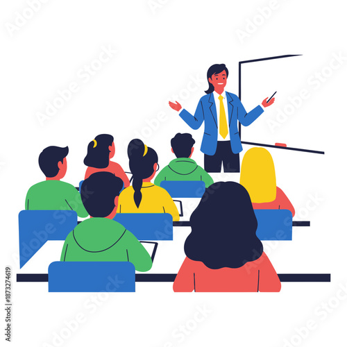 Teacher instructing students in a classroom with a whiteboard.