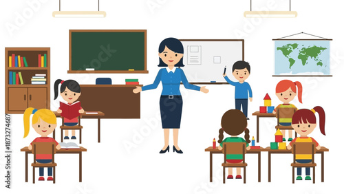 Teacher instructing children in a classroom with desks and a whiteboard.