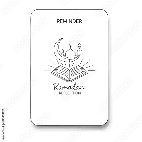 Ramadan Reflection Card: An illustration on a card evokes a moment of spiritual contemplation, featuring an open book, a crescent moon, and a mosque.