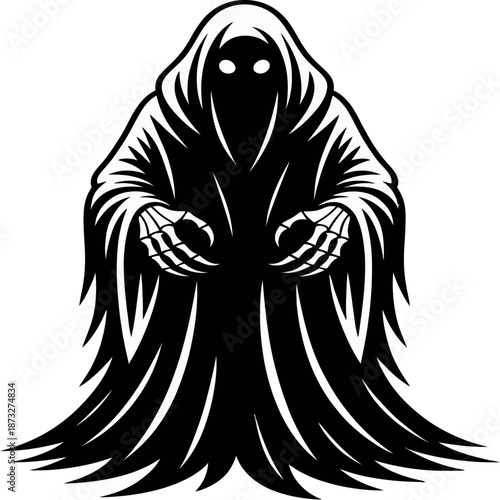 Dark hooded reaper illustration with glowing eyes and clawed hands, symbolizing death, fear, mystery, horror, and supernatural darkness.