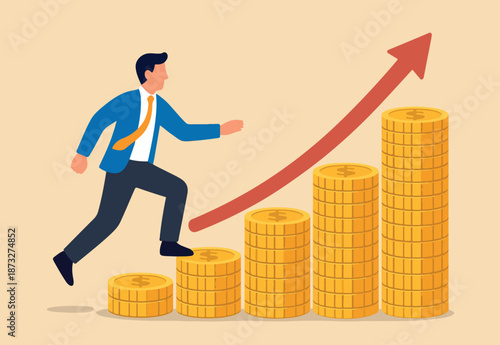 Investment growth compound interest, capital gain profit or wealth accumulation, increase pension fund or revenue, financial success, increase deposit value concept, businessman increase money stack