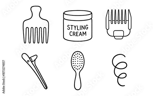 Collection of simple line art icons representing hair styling tools and products