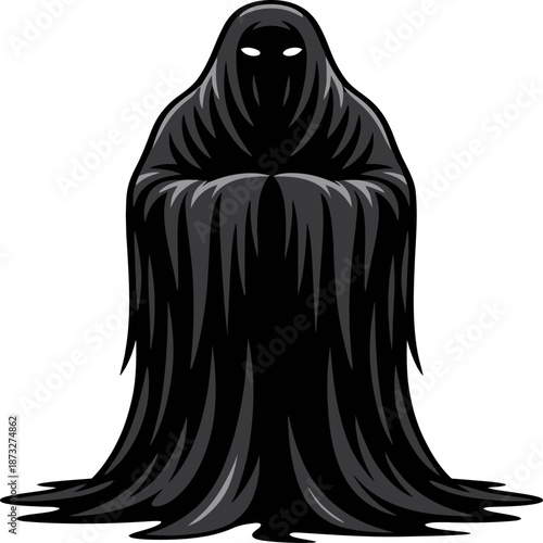 Dark hooded reaper illustration with glowing eyes and clawed hands, symbolizing death, fear, mystery, horror, and supernatural darkness.