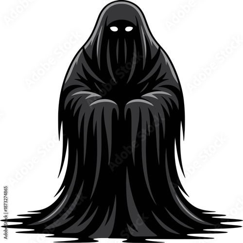 Dark hooded reaper illustration with glowing eyes and clawed hands, symbolizing death, fear, mystery, horror, and supernatural darkness.