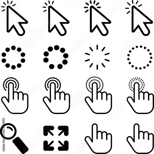 Black line cursor and hand gesture icons showing clicking, loading, zooming, and navigation actions, isolated on white background.