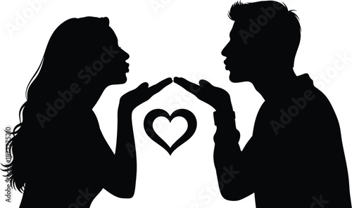 A loving couple shares a tender moment with a heart symbol between them.