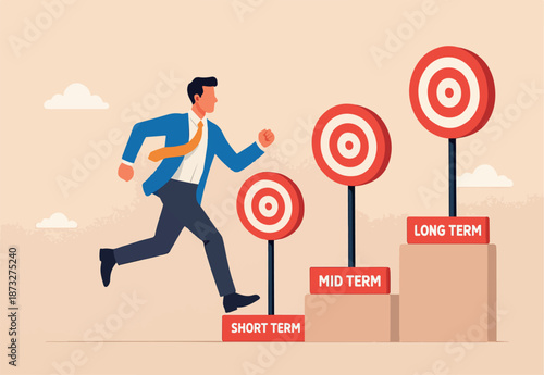  long term goals, step to reach success or achievement, aim for targets, objectives or purpose, challenge to goals, businessman running to short
