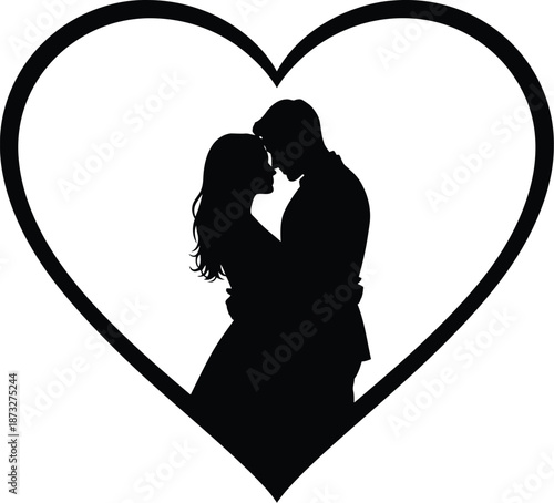 A romantic couple silhouette in a heart shape on a white background