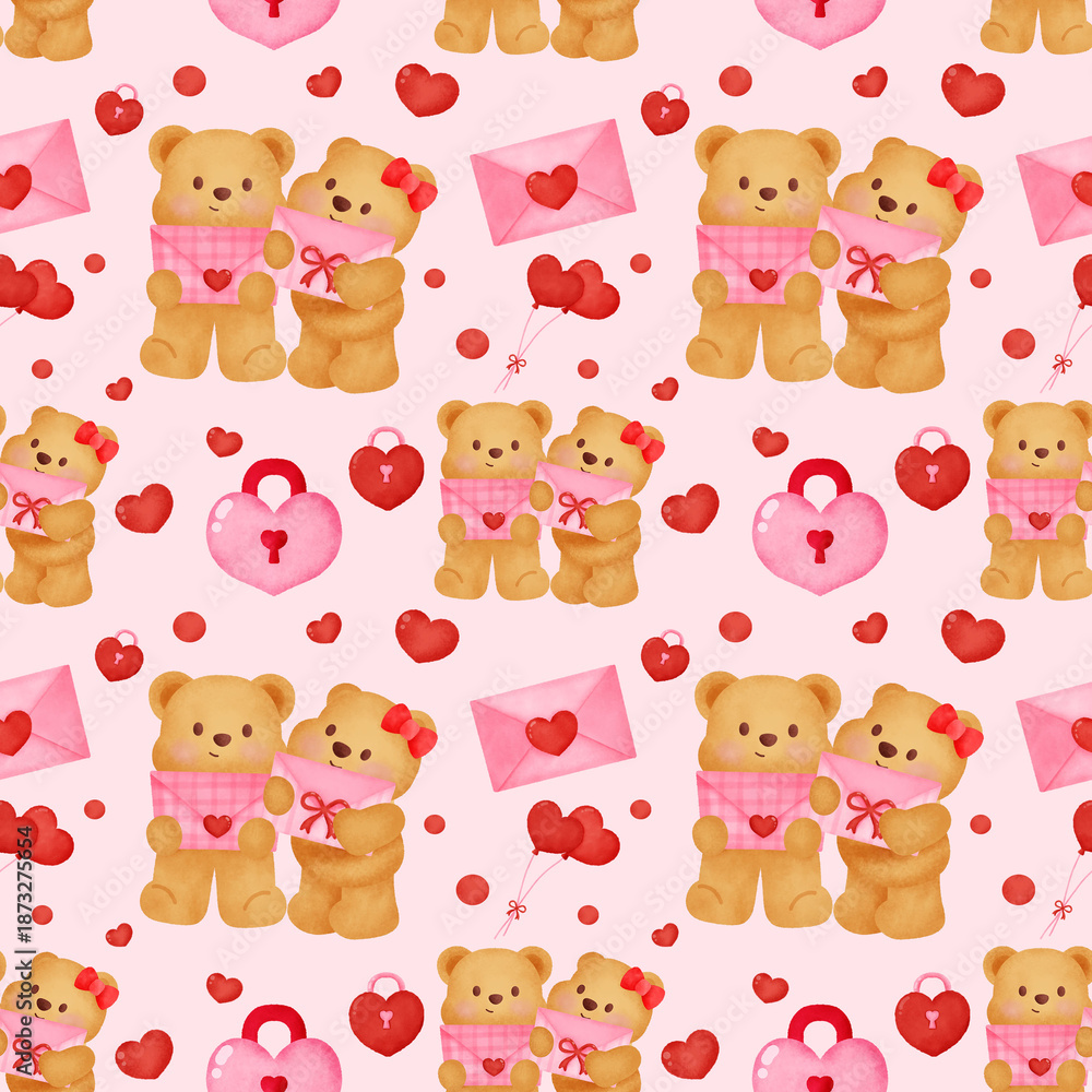 Fototapeta premium watercolor valentine seamless pattern with cute teddy bears holding hearts on soft pink background ideal for romantic wrapping paper nursery decor fabric prints scrapbook designs celebrating love gift