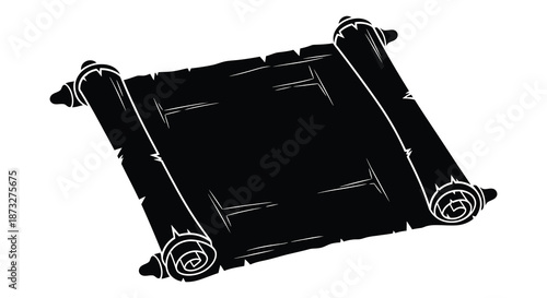 An aged rolled parchment scroll with decorative edges presented as a striking black silhouette