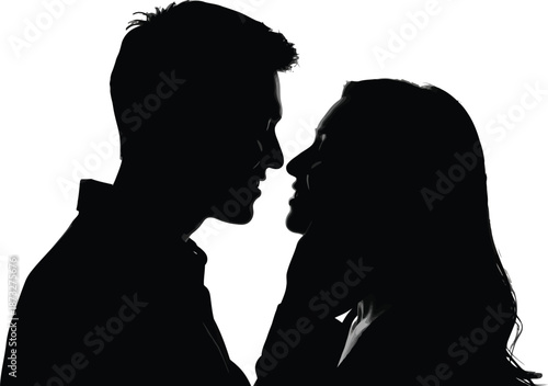 A romantic couple shares a tender moment in a silhouette against a white background